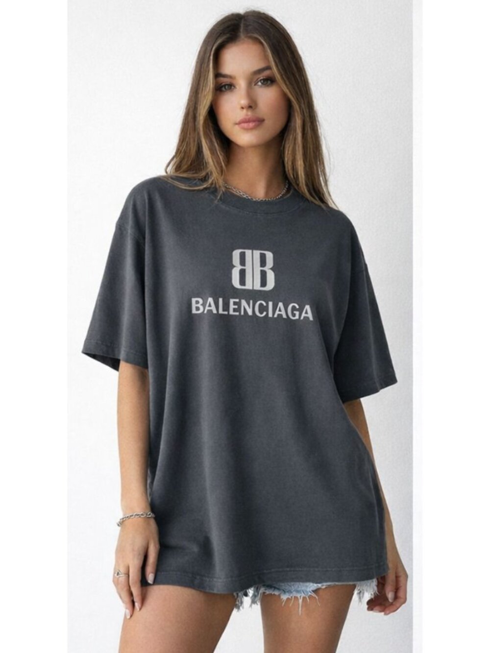 Balenciaga BB Logo Oversized Charcoal Grey Cotton T-Shirt
